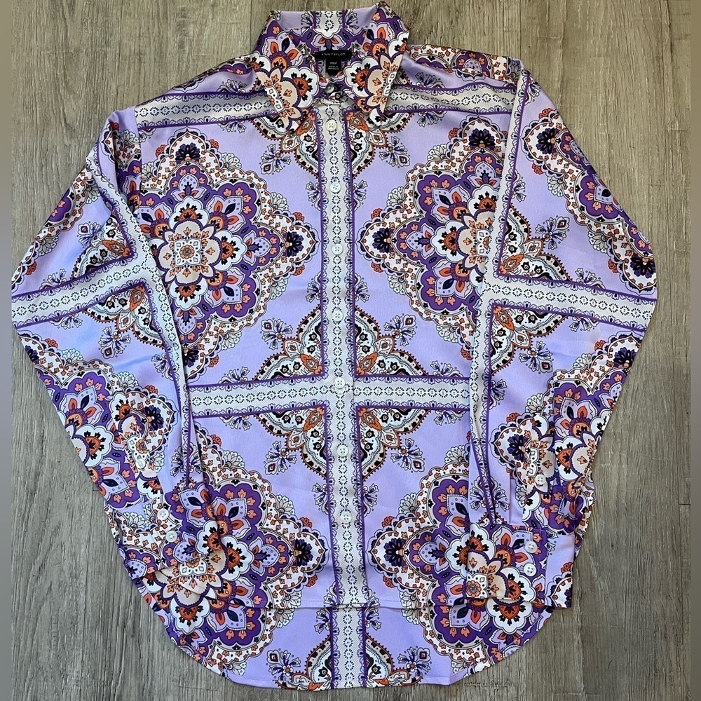 Ann Taylor XXSP Button Down Blouse Purple Oran  Pattern NWOT - Picture 5 of 11